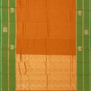Mustard Handloom Kanchi Cotton Saree With Checks & Green Border