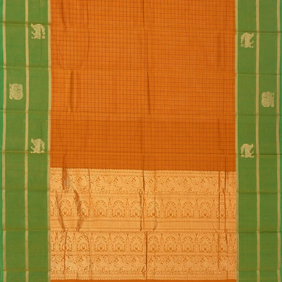 Mustard Handloom Kanchi Cotton Saree With Checks & Green Border
