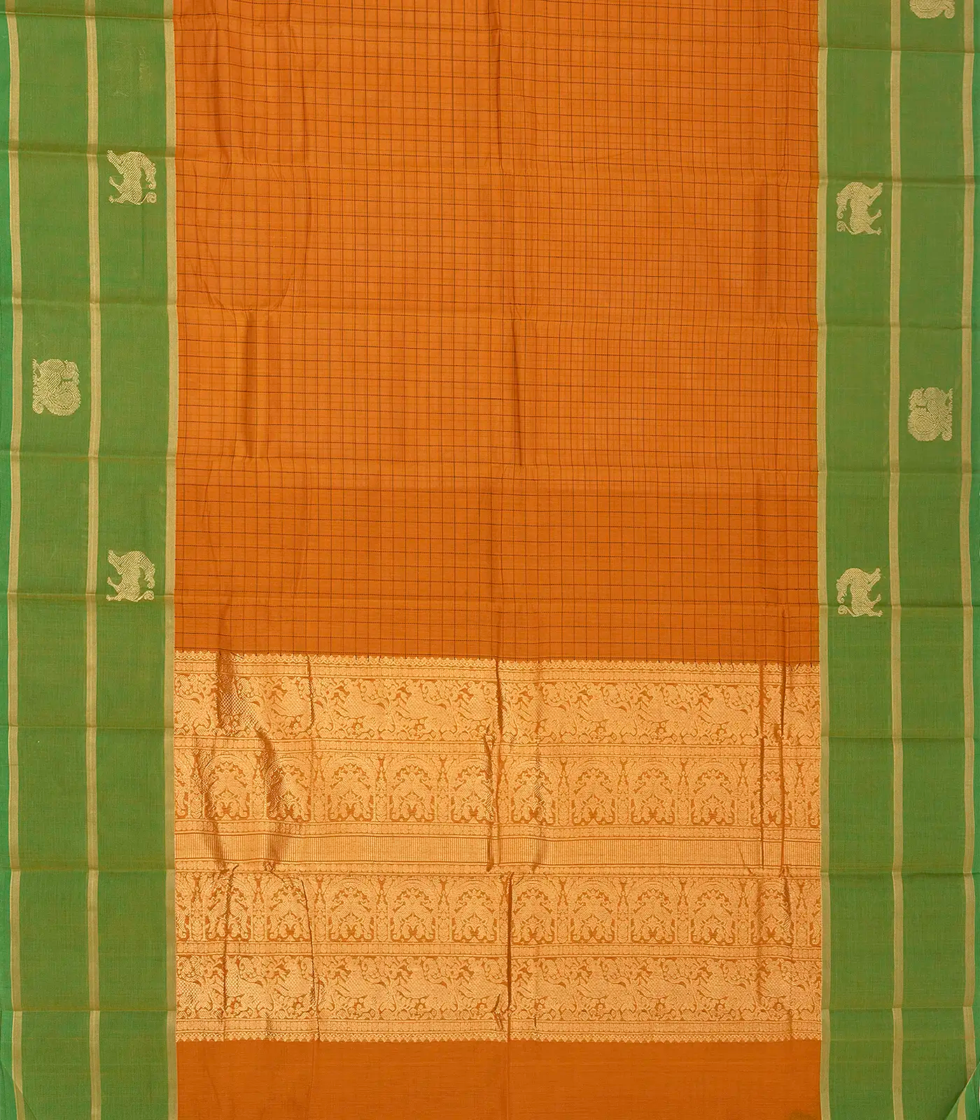 Mustard Handloom Kanchi Cotton Saree With Checks & Green Border