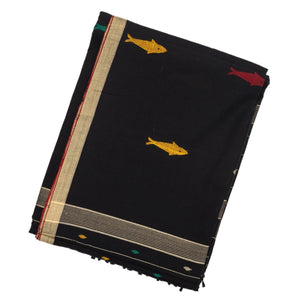 Black Handloom Bengal Cotton Saree With Fish Motifs