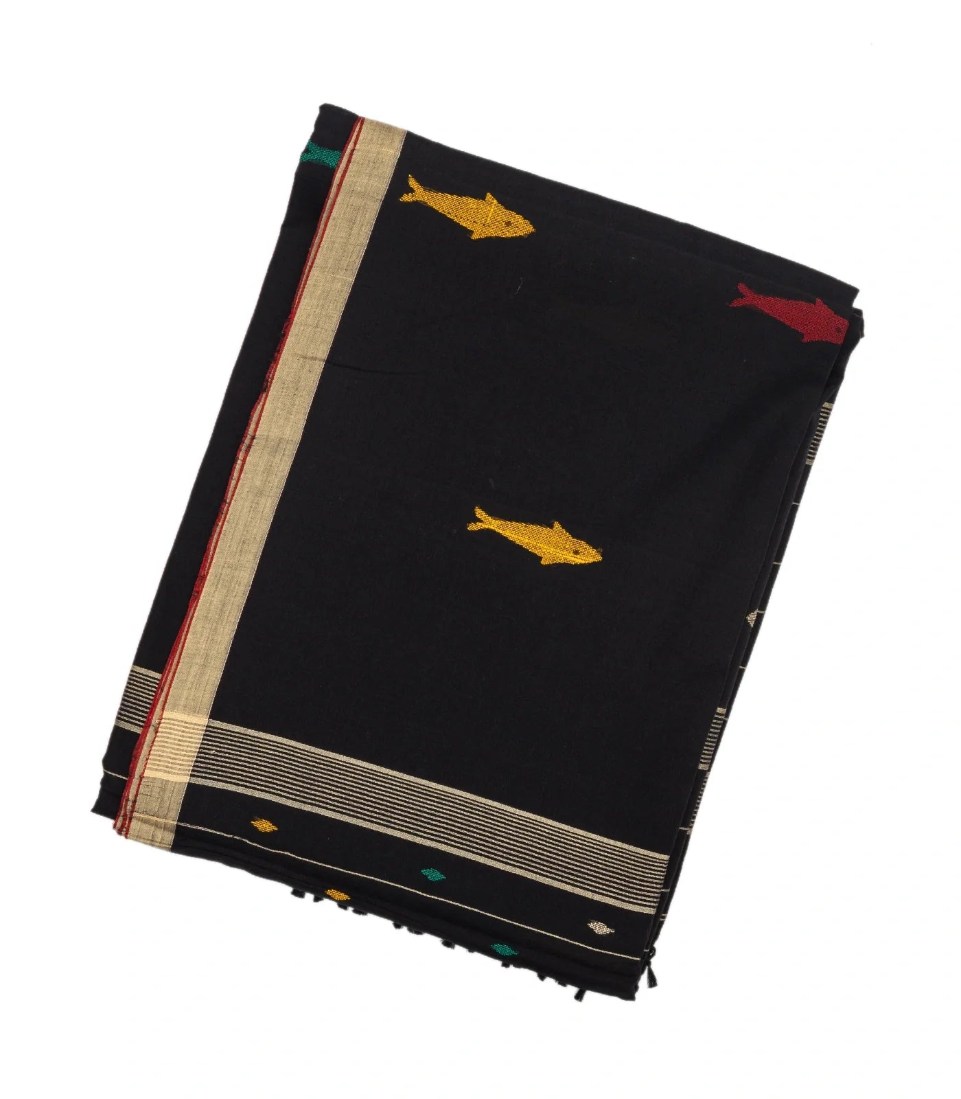 Black Handloom Bengal Cotton Saree With Fish Motifs