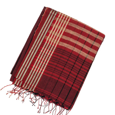 Maroon Handloom Bengal Cotton Saree With Black Stripes