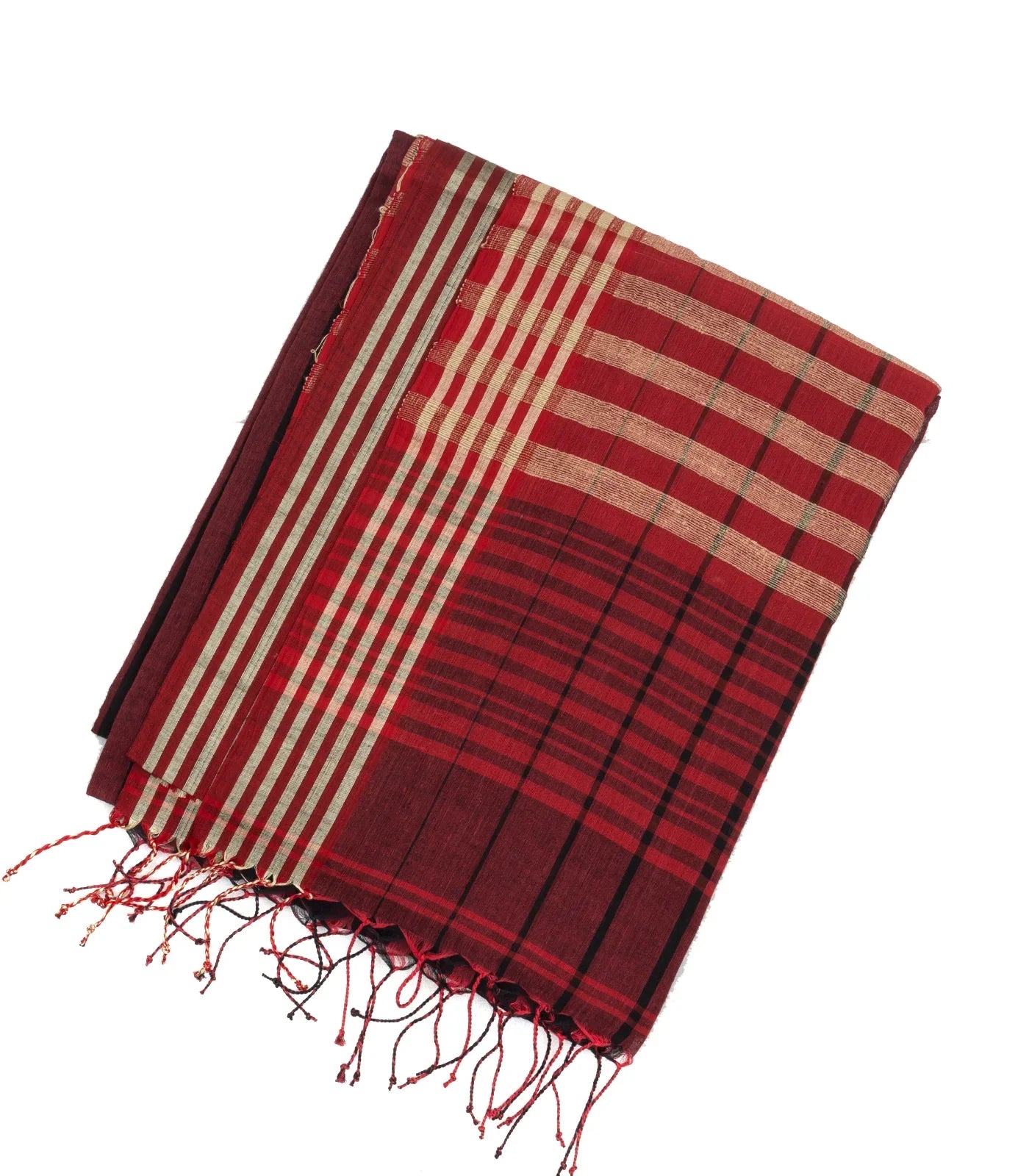 Maroon Handloom Bengal Cotton Saree With Black Stripes