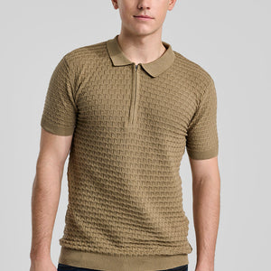 Khaki Zipper Knitted Polo T-Shirt