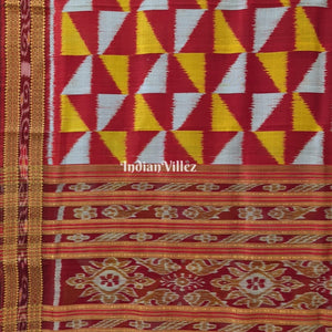 Maroon Yellow White Odisha Ikat Khandua Silk Saree
