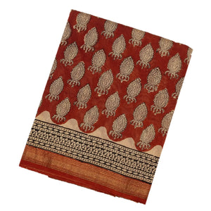 Rust Handloom Chanderi Cotton Saree With Printed Motifs