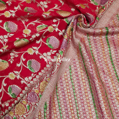 Red Flower Design Banarasi Khaddi Georgette Saree