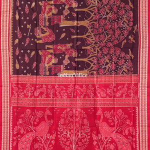 Wine Red Color Tribal Theme Sambalpuri Ikat Silk Saree