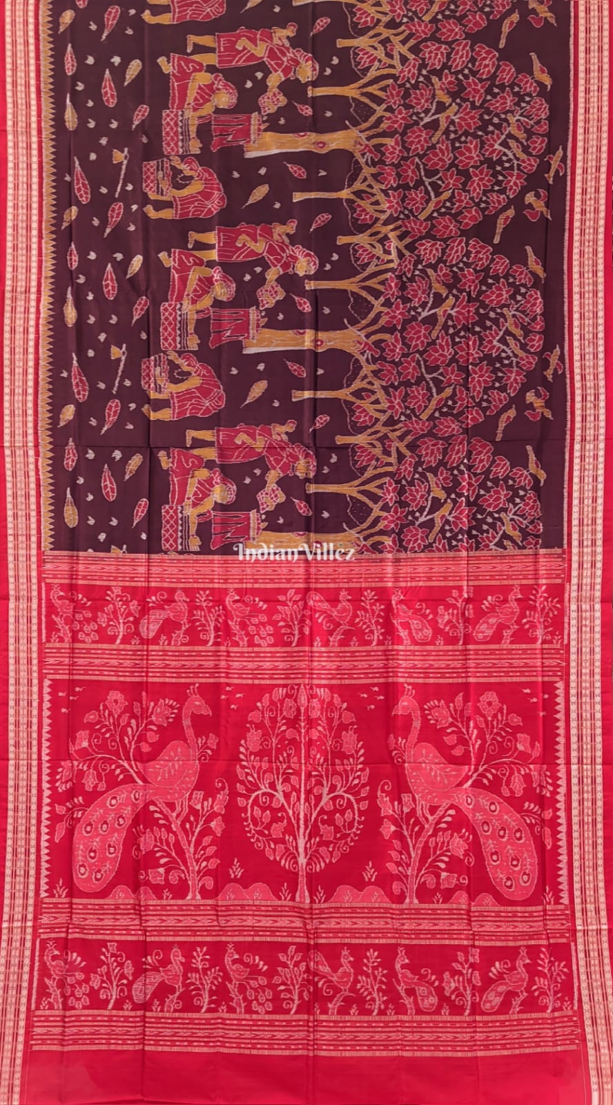 Wine Red Color Tribal Theme Sambalpuri Ikat Silk Saree