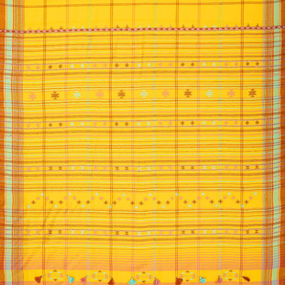 Yellow Handloom Bhujodi Cotton Saree With Checks