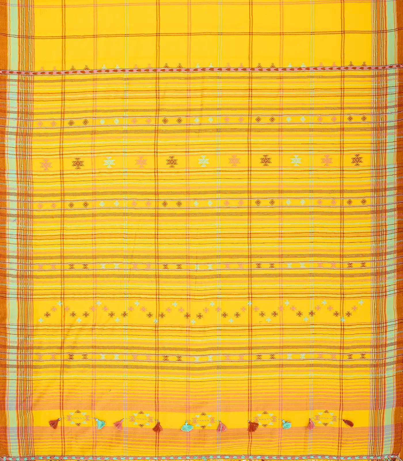 Yellow Handloom Bhujodi Cotton Saree With Checks