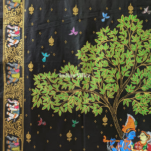 Black Kandarpa Hati (Elephant) Hand-Painted Pattachitra Saree
