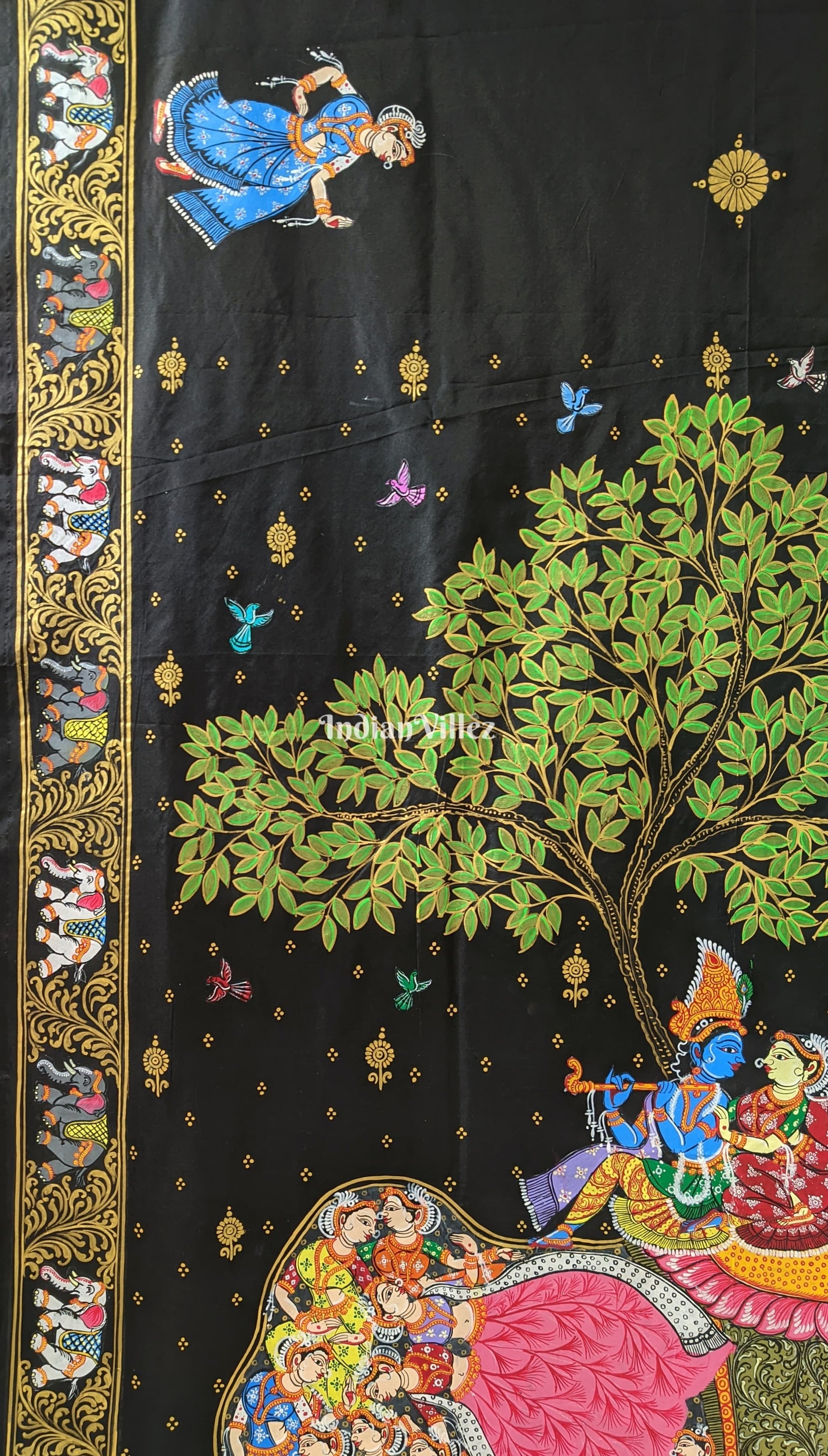 Black Kandarpa Hati (Elephant) Hand-Painted Pattachitra Saree