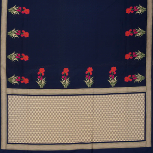 Navy Blue Handwoven Banarasi Silk Saree With Embroidered Floral Motifs