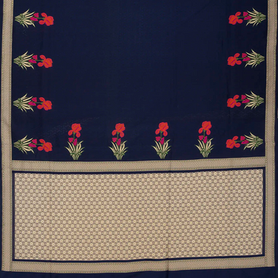 Navy Blue Handwoven Banarasi Silk Saree With Embroidered Floral Motifs