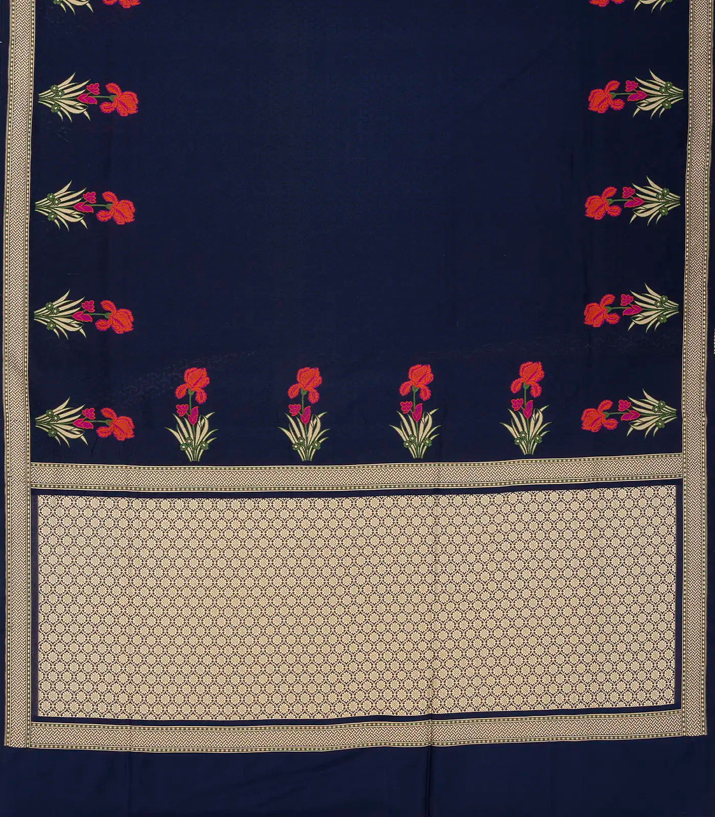 Navy Blue Handwoven Banarasi Silk Saree With Embroidered Floral Motifs