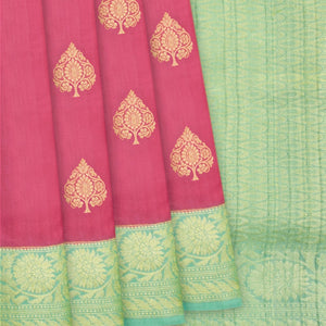 Pink Handwoven Tussar Georgette Silk Saree With Flower Bud Butta & Vine Motifs in Turquoise Border-Pink