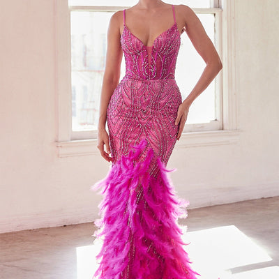Feather Sleeveless Mermaid Dress by Ladivine CC2308 - Outlet