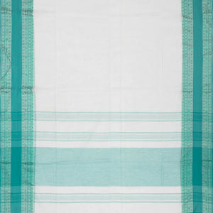 White Handloom Bengal Cotton Saree With Turquoise Border