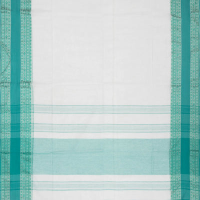 White Handloom Bengal Cotton Saree With Turquoise Border