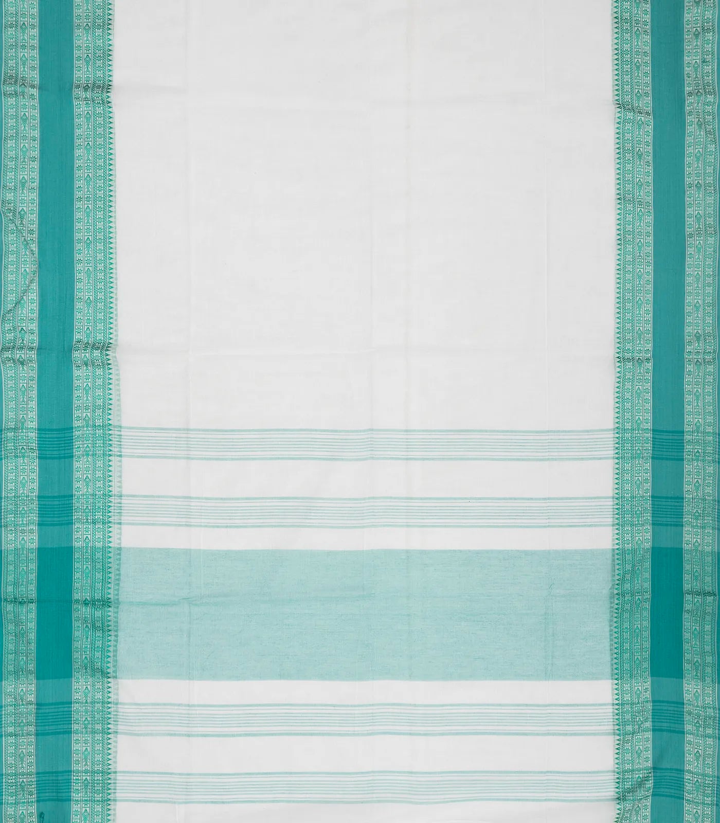 White Handloom Bengal Cotton Saree With Turquoise Border