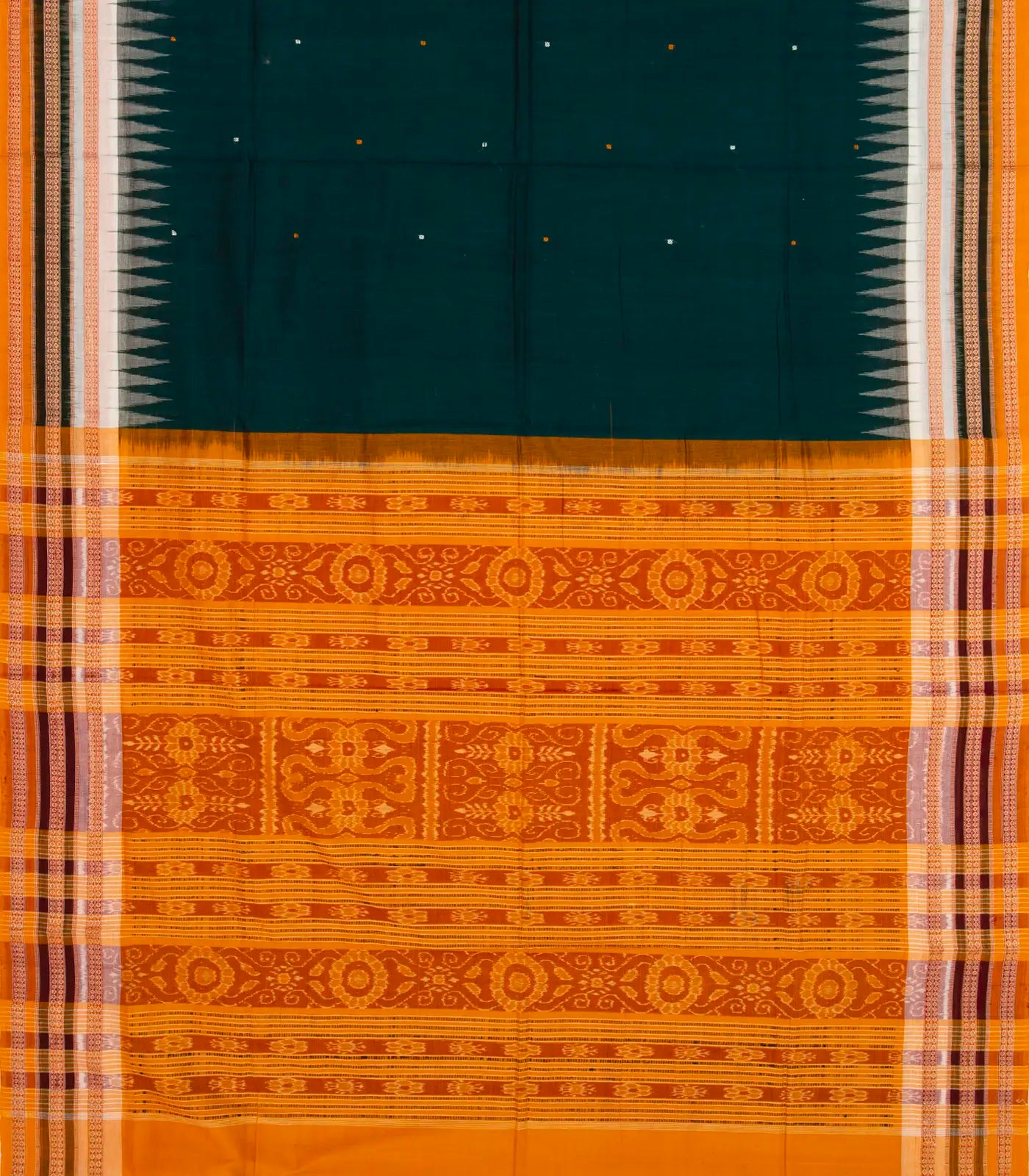 Teal Handloom Orissa Cotton Saree With Mustard Tie & Dye Motifs