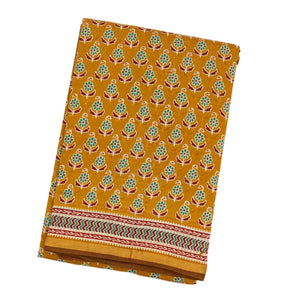 Mustard Woven Jaipur Cotton Saree With Printed Green Floral Motifs