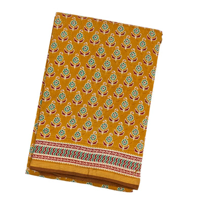 Mustard Woven Jaipur Cotton Saree With Printed Green Floral Motifs