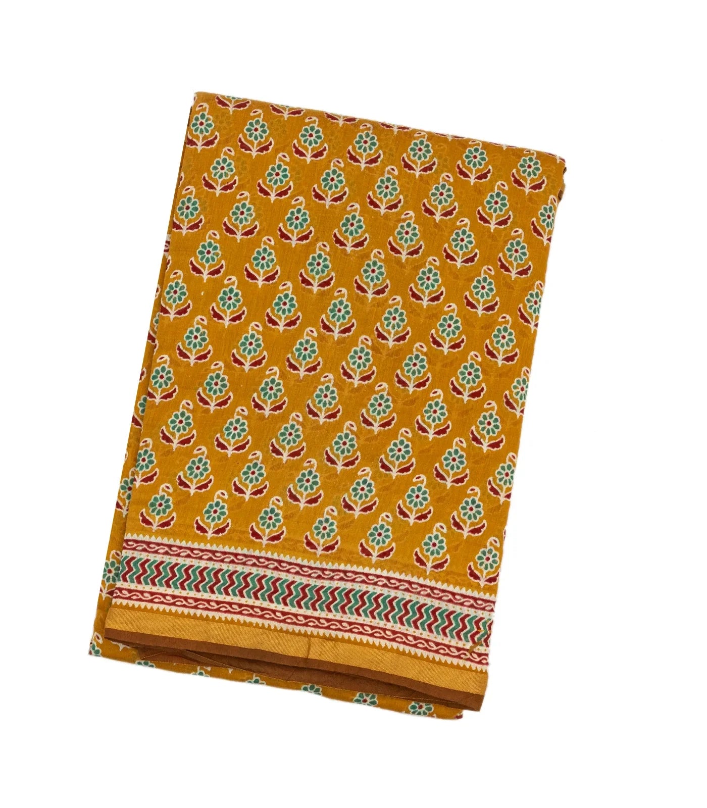 Mustard Woven Jaipur Cotton Saree With Printed Green Floral Motifs
