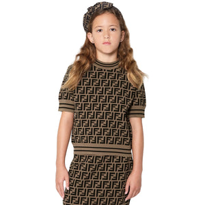 Fendi FF Logo Girls Knitted Brown T Shirt