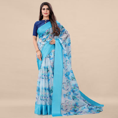 Feorzi Casual Wear Floral Digital Printed Silk Saree With Woven Border