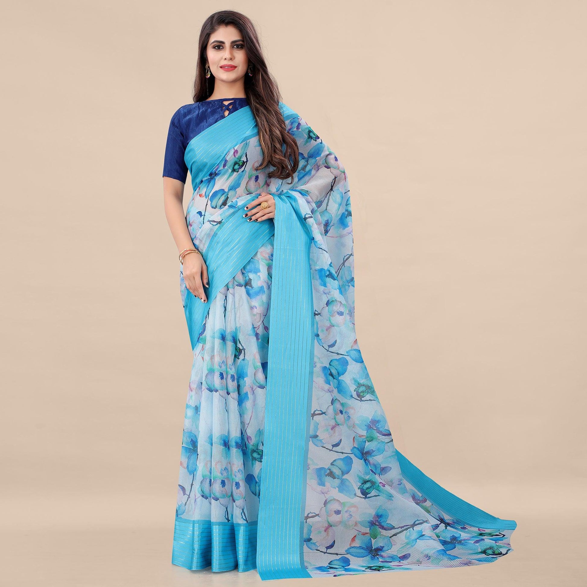Feorzi Casual Wear Floral Digital Printed Silk Saree With Woven Border