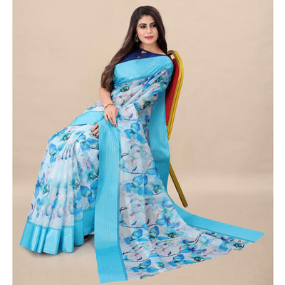 Feorzi Casual Wear Floral Digital Printed Silk Saree With Woven Border