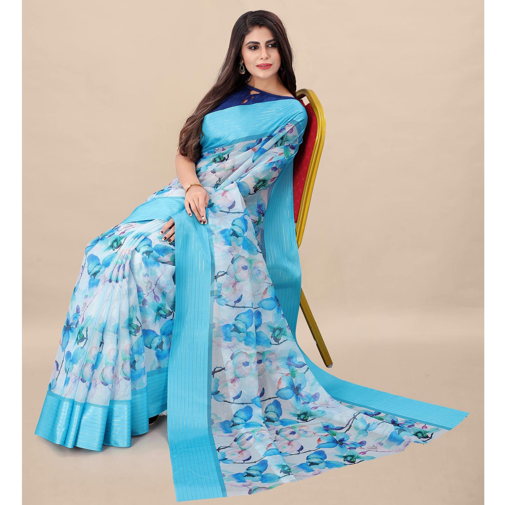 Feorzi Casual Wear Floral Digital Printed Silk Saree With Woven Border