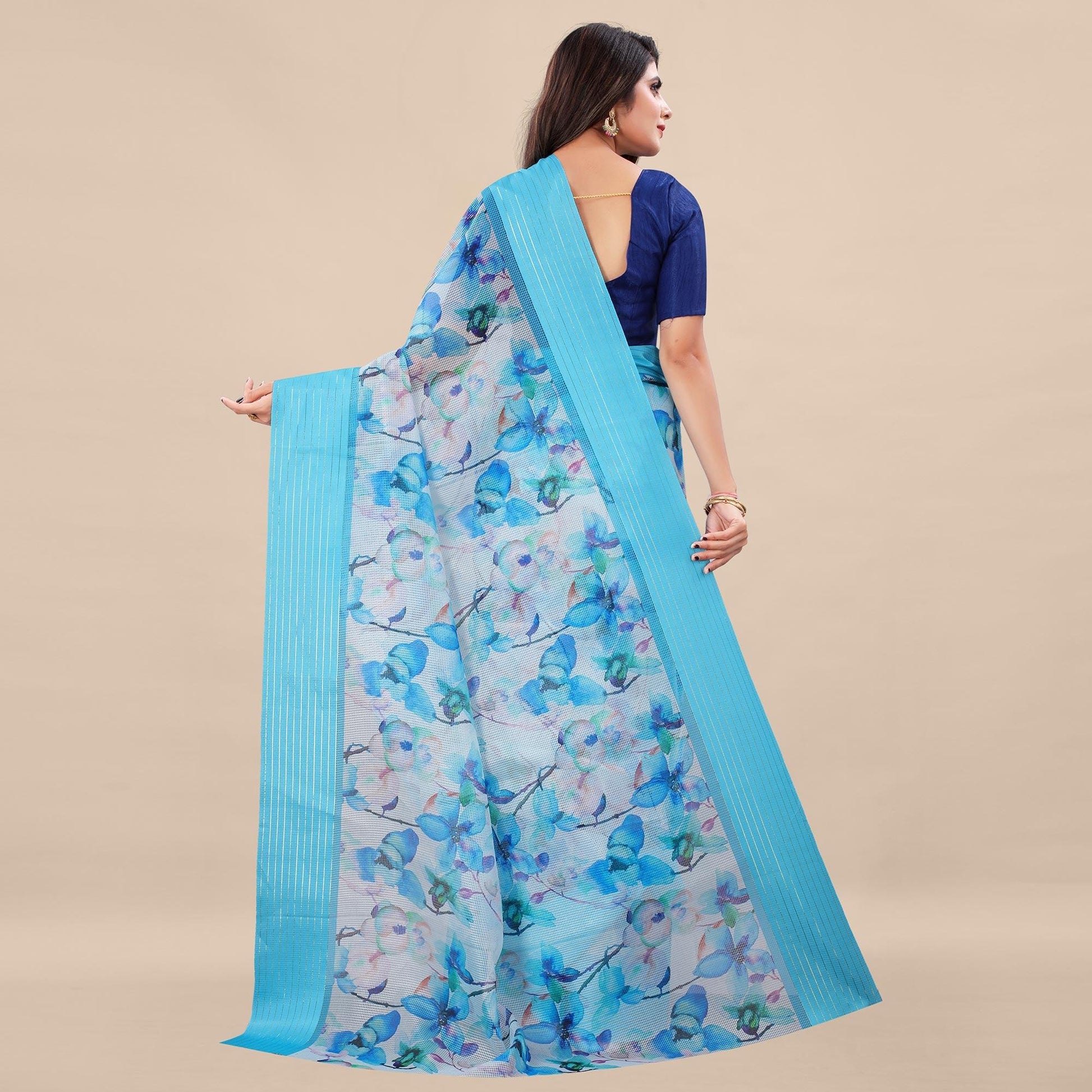 Feorzi Casual Wear Floral Digital Printed Silk Saree With Woven Border