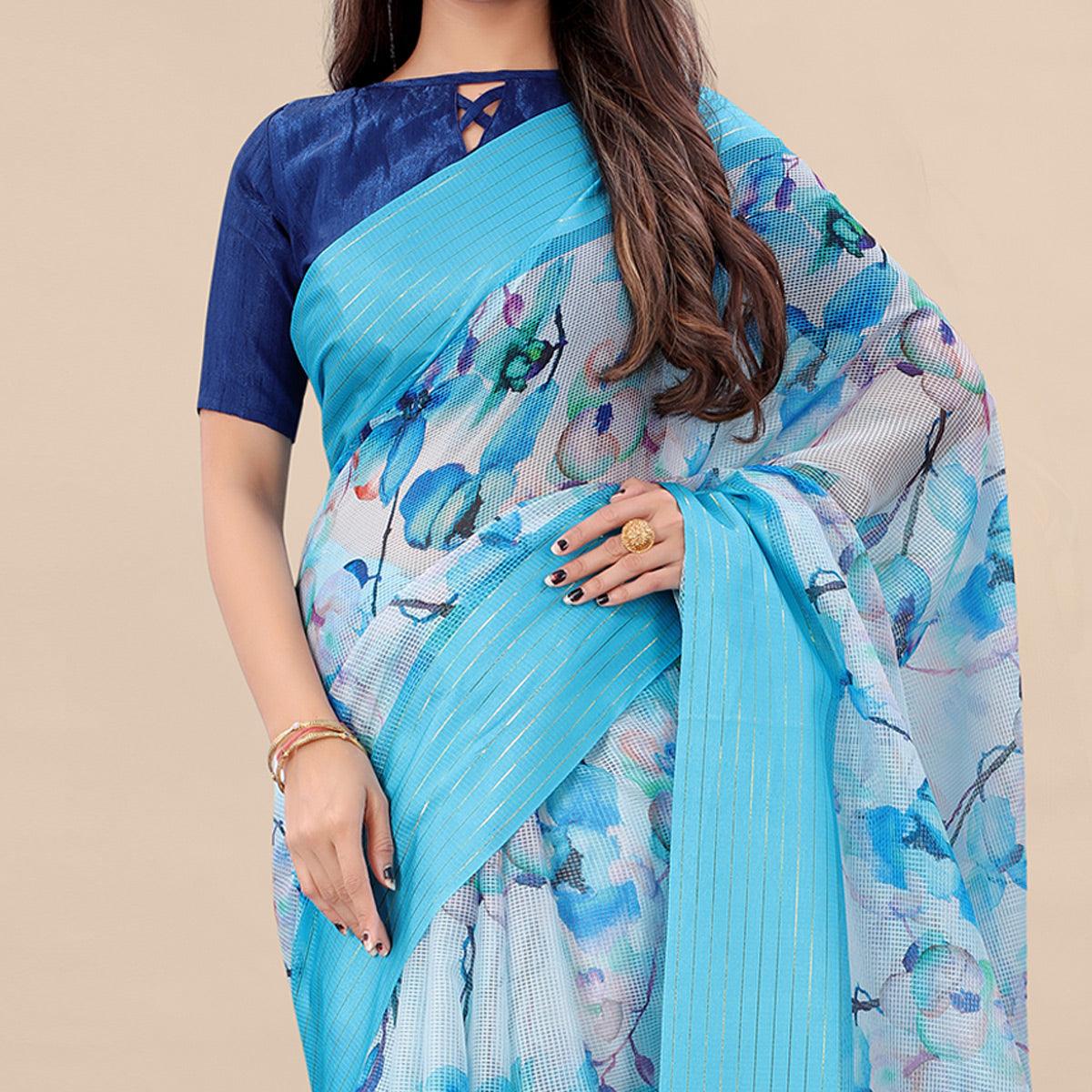 Feorzi Casual Wear Floral Digital Printed Silk Saree With Woven Border