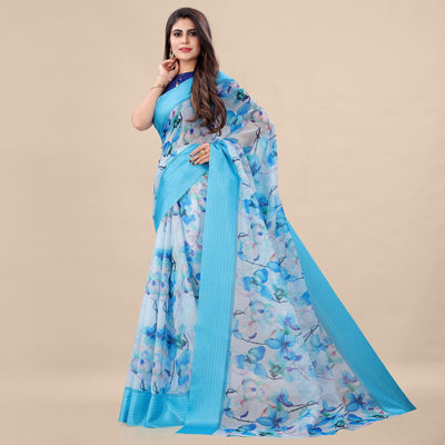 Feorzi Casual Wear Floral Digital Printed Silk Saree With Woven Border