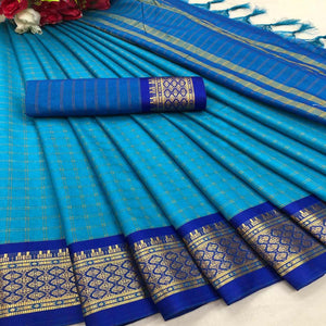 Ferozi Blue Festive Wear Checks With Woven Border Cotton Silk Saree