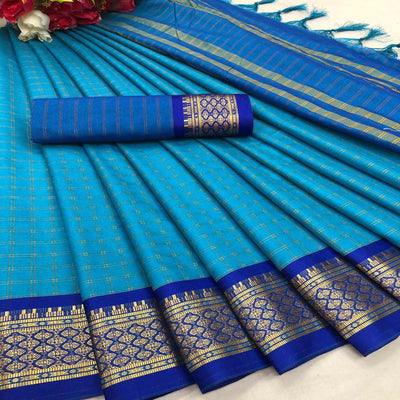 Ferozi Blue Festive Wear Checks With Woven Border Cotton Silk Saree