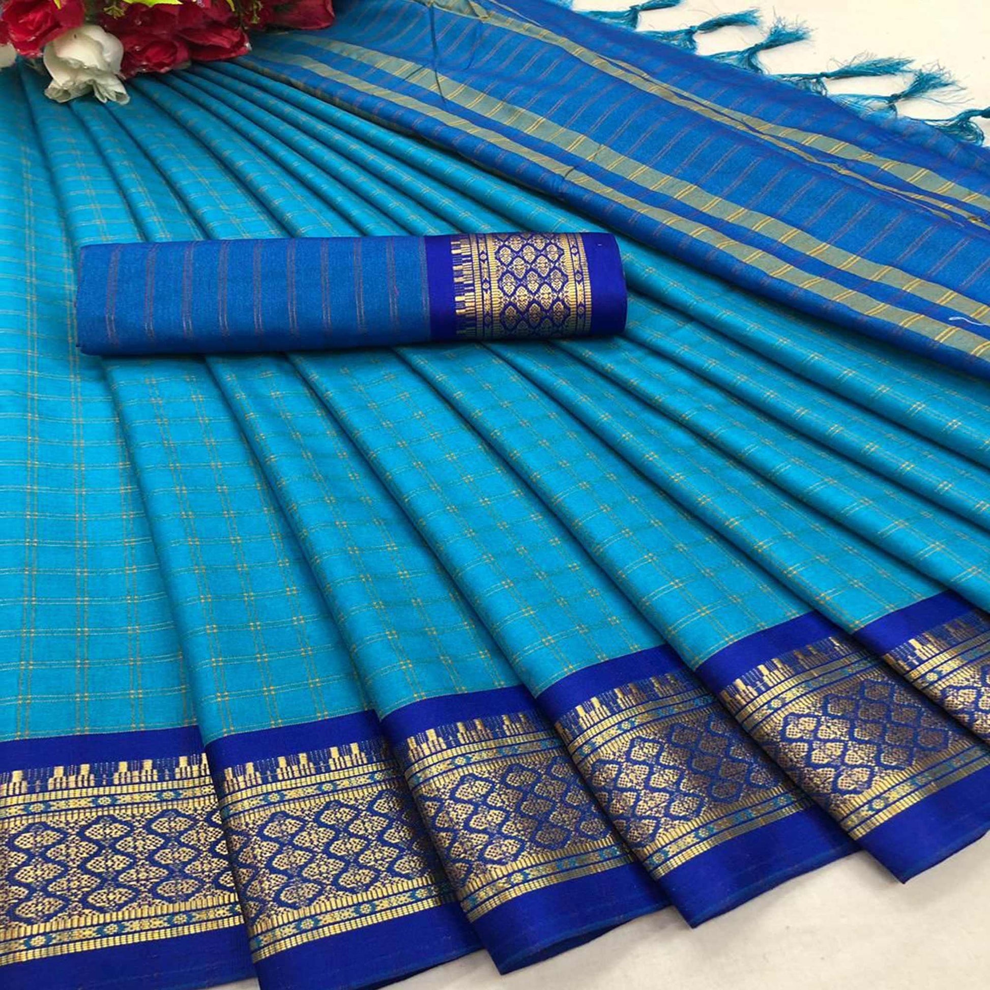 Ferozi Blue Festive Wear Checks With Woven Border Cotton Silk Saree