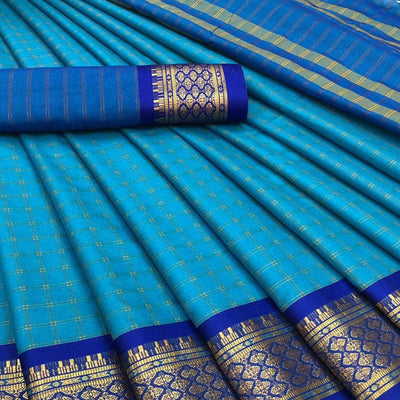 Ferozi Blue Festive Wear Checks With Woven Border Cotton Silk Saree