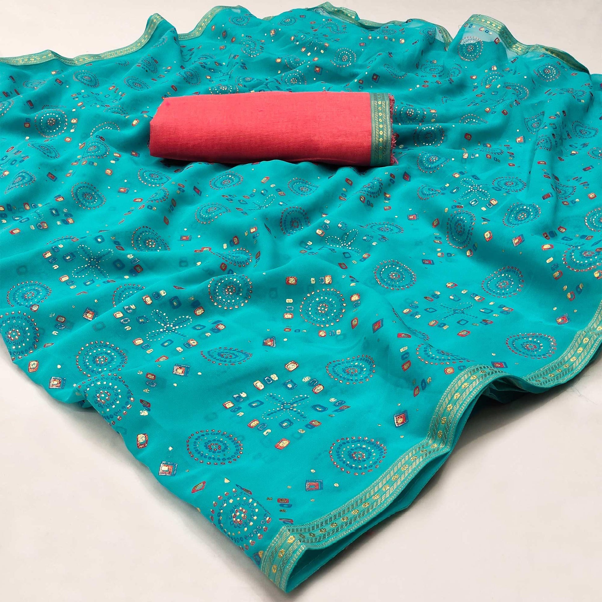 Ferozi Casual Wear Block Printed With Foil Work Georgette Saree