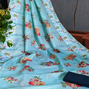 Ferozi Festive Wear Floral Digital Print With Woven Border Silk Saree