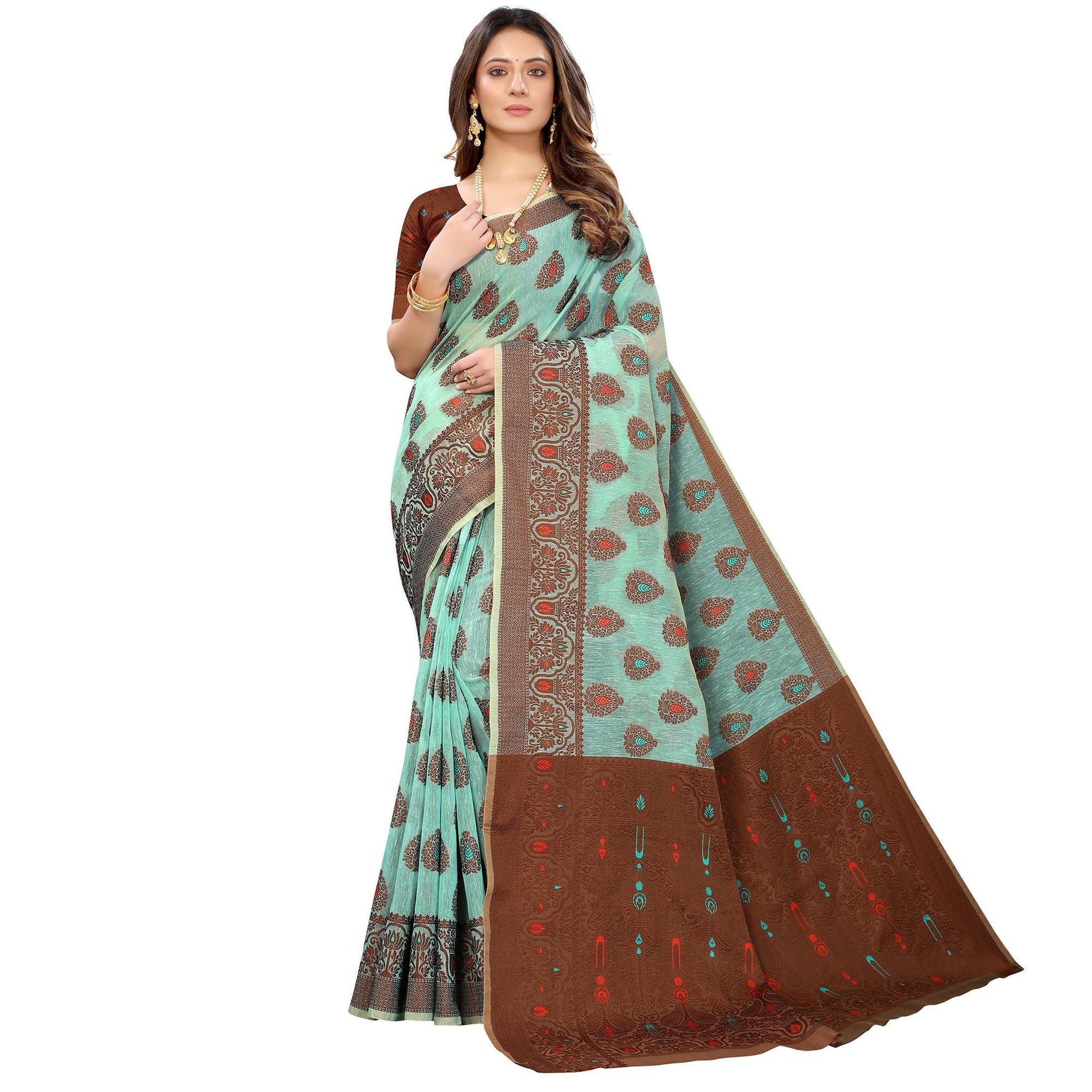 Ferozi  Festive Wear Woven With Meena Butta Rich Pallu Cotton Saree