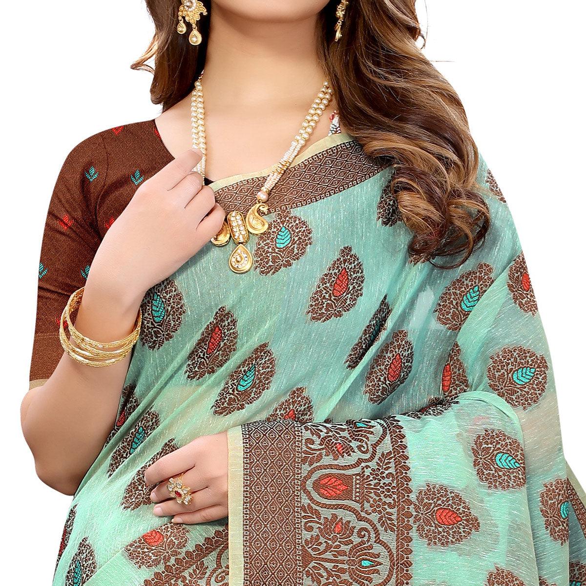 Ferozi  Festive Wear Woven With Meena Butta Rich Pallu Cotton Saree