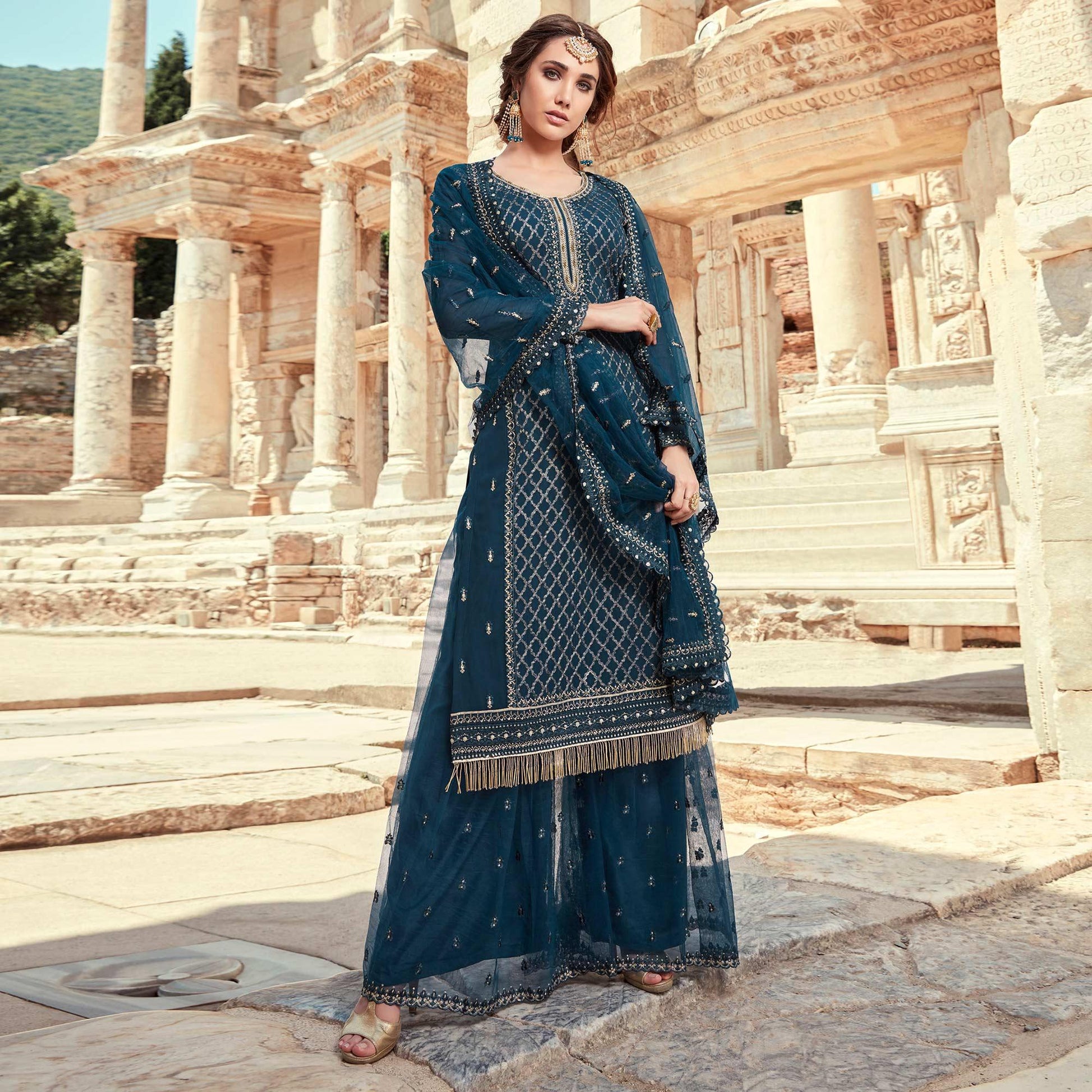 Festive Wear Aqua Blue Designer with Embroidery Work Faux Georgette Palazzo Suit