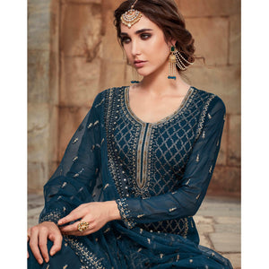 Festive Wear Aqua Blue Designer with Embroidery Work Faux Georgette Palazzo Suit
