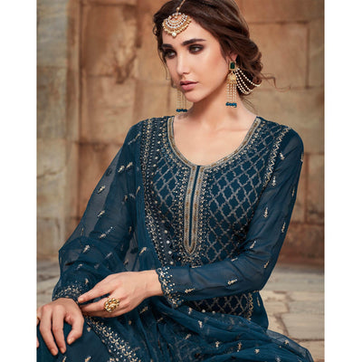 Festive Wear Aqua Blue Designer with Embroidery Work Faux Georgette Palazzo Suit