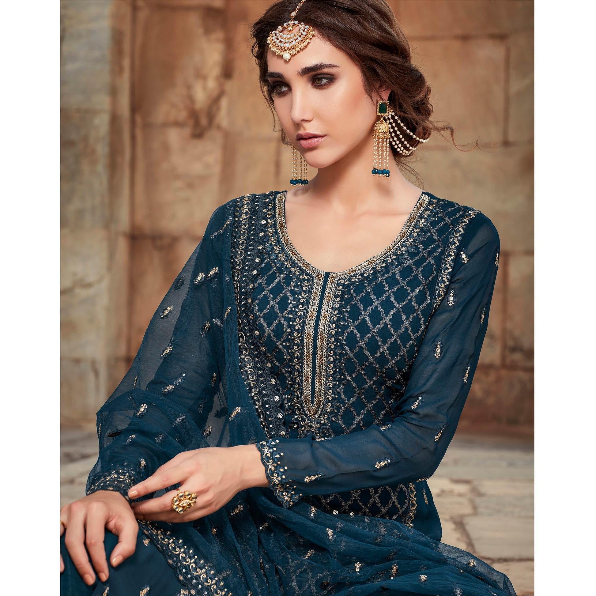 Festive Wear Aqua Blue Designer with Embroidery Work Faux Georgette Palazzo Suit