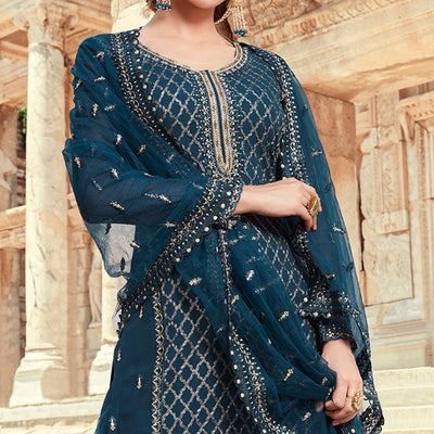 Festive Wear Aqua Blue Designer with Embroidery Work Faux Georgette Palazzo Suit